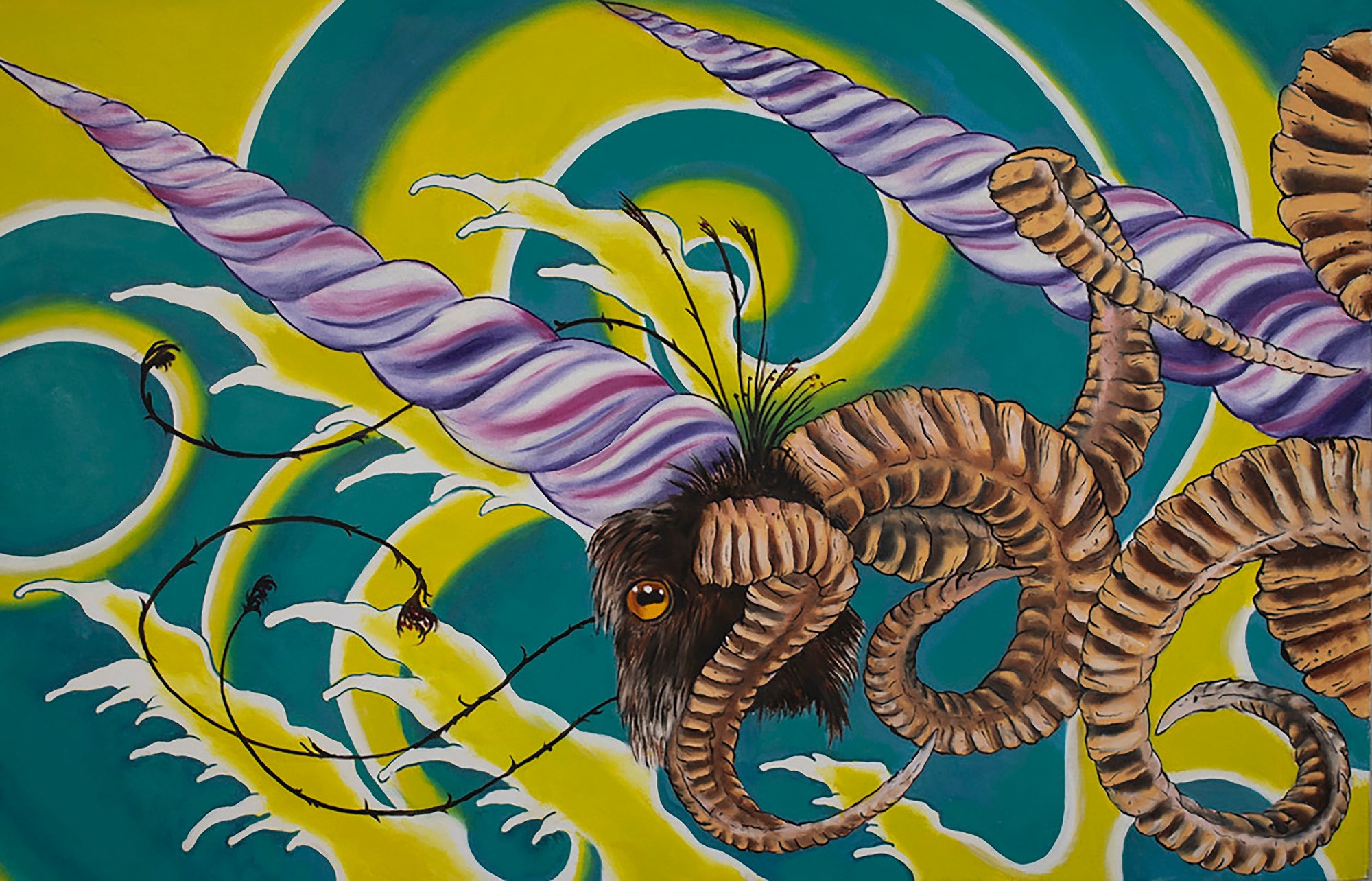 psychedeilc, visionary art oil painting featuring turquoise and yellow color palette  with nautilus shells and goats head