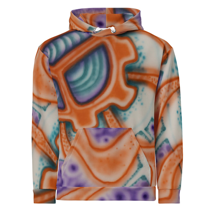 Colorful graffiti hoodie with spray can style abstract patterns in purples, turquoises and oranges on on a white background