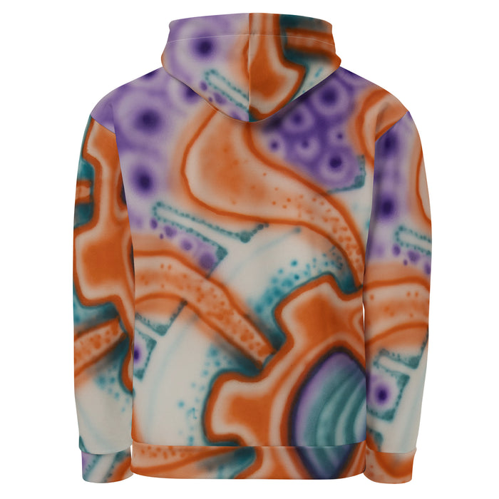 Colorful graffiti hoodie with spray can style abstract patterns in purples, turquoises and oranges on on a white background