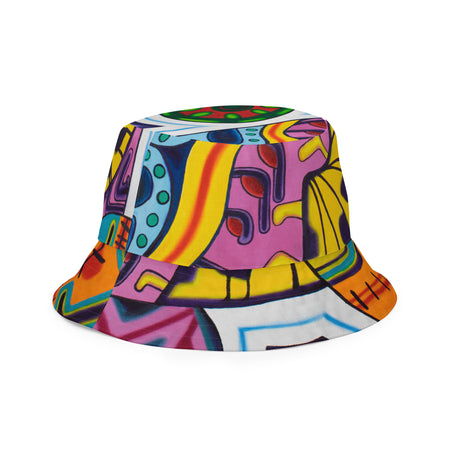 all over print bucket hat with graffiti inspired artwork with turquoise, blue, orange, red, and yellow.