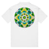 classic white  polo shirt with bardo kid logo on front and a green and yellow mandala made of circles on the back.