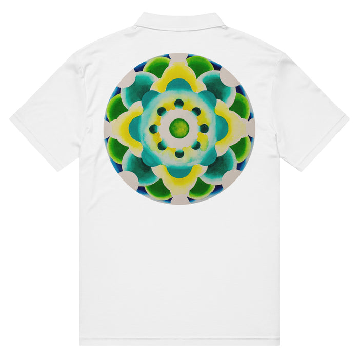 classic white  polo shirt with bardo kid logo on front and a green and yellow mandala made of circles on the back.