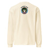a beige long sleeve t-shirt featuring a green and yellow mandala made up of concentric circles