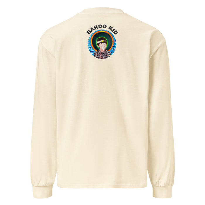 a beige long sleeve t-shirt featuring a green and yellow mandala made up of concentric circles
