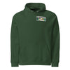 green hoodie with a circular mandala design on the back in greens and yellows