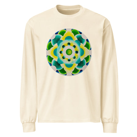 a beige long sleeve t-shirt featuring a green and yellow mandala made up of concentric circles