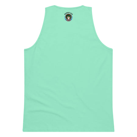 a mint green tank top with original circular mandala artwork in green, turquoise and yellow.
