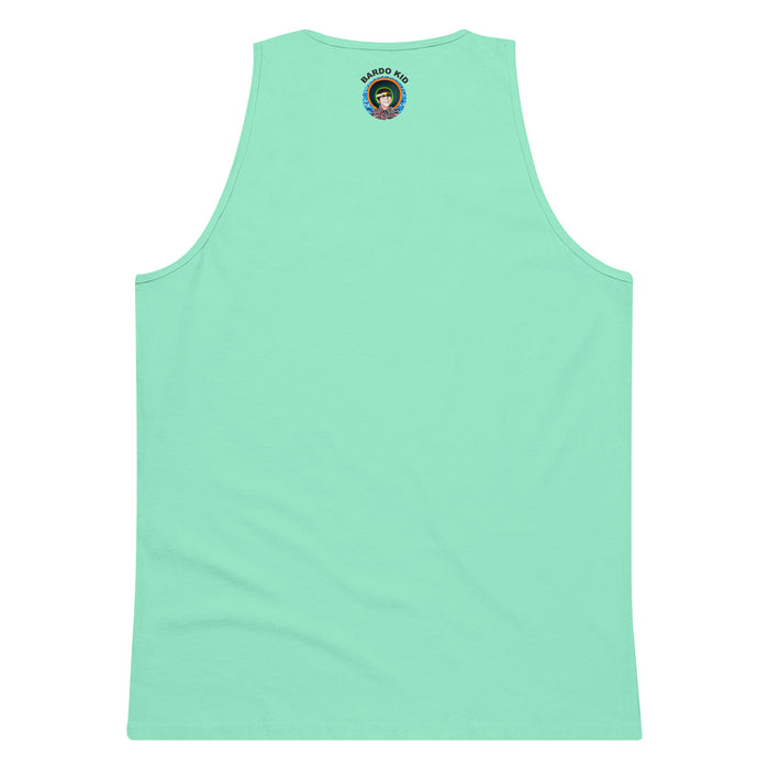 a mint green tank top with original circular mandala artwork in green, turquoise and yellow.