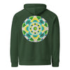 green hoodie with a circular mandala design on the back in greens and yellows