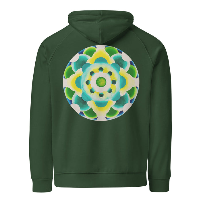 green hoodie with a circular mandala design on the back in greens and yellows