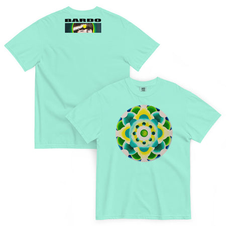 Mint green t-shirt with a colorful mandala design on the front and 'Bardo' logo on the back.