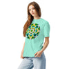 girl wearing a Mint green t-shirt with a colorful mandala design on the front and 'Bardo' logo on the back.