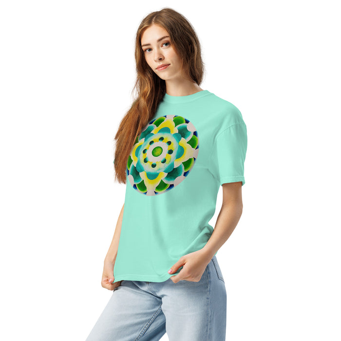 girl wearing a Mint green t-shirt with a colorful mandala design on the front and 'Bardo' logo on the back.