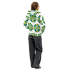 white hoodie with an all over repeating print of a circular based mandala made of  turquoise, yellow, and green colored orbs