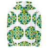 white hoodie with an all over repeating print of a circular based mandala made of  turquoise, yellow, and green colored orbs