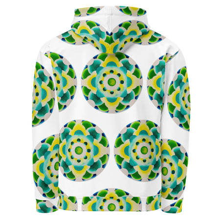 white hoodie with an all over repeating print of a circular based mandala made of  turquoise, yellow, and green colored orbs