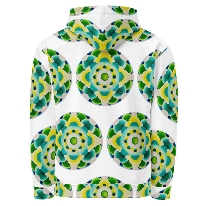 white hoodie with an all over repeating print of a circular based mandala made of  turquoise, yellow, and green colored orbs