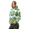 white hoodie with an all over repeating print of a circular based mandala made of  turquoise, yellow, and green colored orbs
