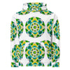 white hoodie with an all over repeating print of a circular based mandala made of  turquoise, yellow, and green colored orbs