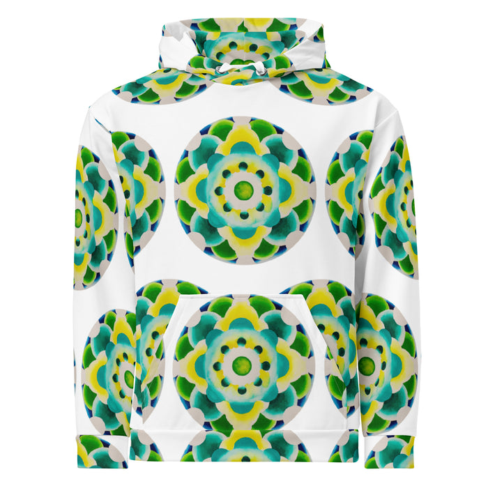 white hoodie with an all over repeating print of a circular based mandala made of  turquoise, yellow, and green colored orbs