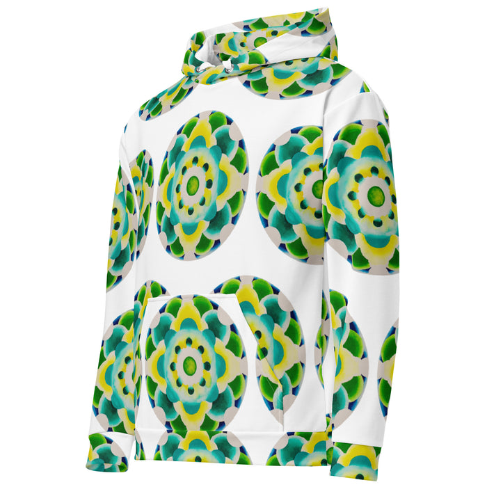 white hoodie with an all over repeating print of a circular based mandala made of  turquoise, yellow, and green colored orbs