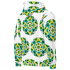 white hoodie with an all over repeating print of a circular based mandala made of  turquoise, yellow, and green colored orbs