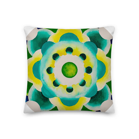 square throw pillow with aqua colored circular mandala art