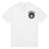 classic white  polo shirt with bardo kid logo on front and a green and yellow mandala made of circles on the back.