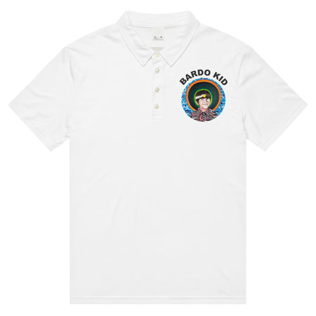 classic white  polo shirt with bardo kid logo on front and a green and yellow mandala made of circles on the back.