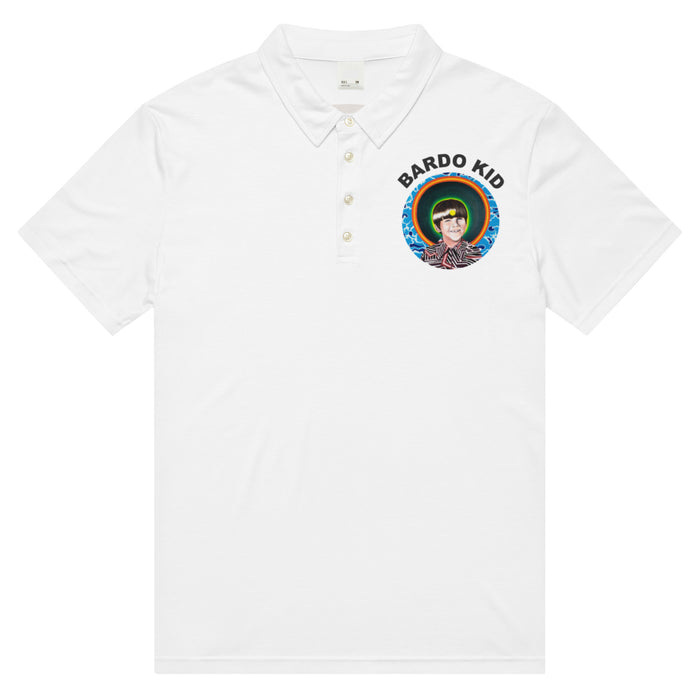 classic white  polo shirt with bardo kid logo on front and a green and yellow mandala made of circles on the back.