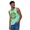 man wearing a a mint green tank top with original circular mandala artwork in green, turquoise and yellow.