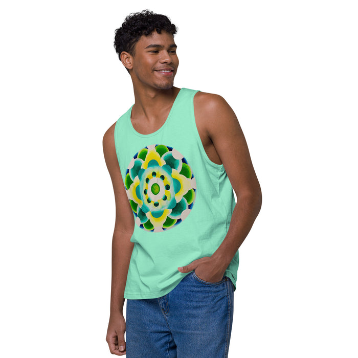 man wearing a a mint green tank top with original circular mandala artwork in green, turquoise and yellow.