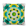 square throw pillow with aqua colored circular mandala art