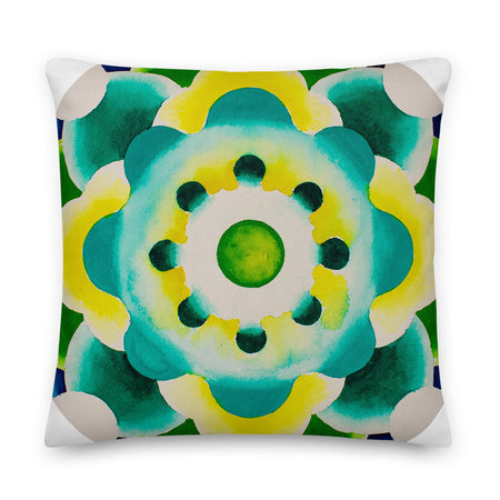 square throw pillow with aqua colored circular mandala art