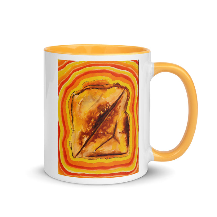 white and yellow mug with original artwork of a grilled cheese sandwich