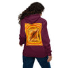 A woman viewed from behind wearing a maroon hoodie with a large graphic print on the back depicting a grilled cheese inside a yellow and orange psychedelic design, paired with blue jeans against a plain white background.