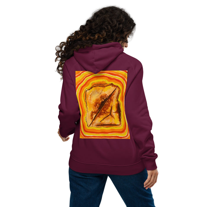 A woman viewed from behind wearing a maroon hoodie with a large graphic print on the back depicting a grilled cheese inside a yellow and orange psychedelic design, paired with blue jeans against a plain white background.