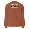a light brown long sleeve t-shirt with an original piece of art depicting a diagonally cut grilled cheese radiating bands of red, orange, and yellow around it.