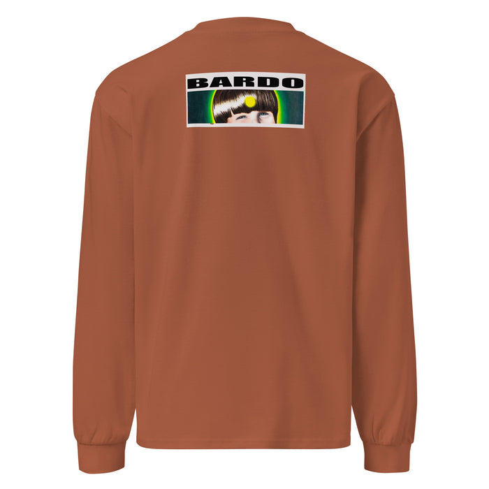 a light brown long sleeve t-shirt with an original piece of art depicting a diagonally cut grilled cheese radiating bands of red, orange, and yellow around it.