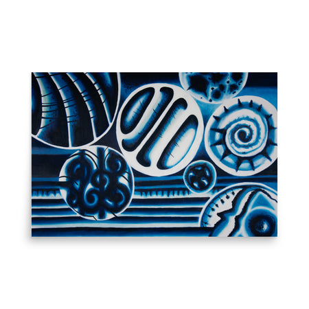 a monochromatic abstract painting in shades of blues dealing with gestural marks and circles 