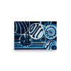 a monochromatic abstract painting in shades of blues dealing with gestural marks and circles 12"x18