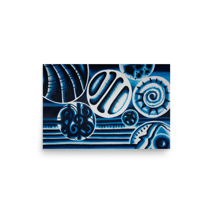 a monochromatic abstract painting in shades of blues dealing with gestural marks and circles 12"x18