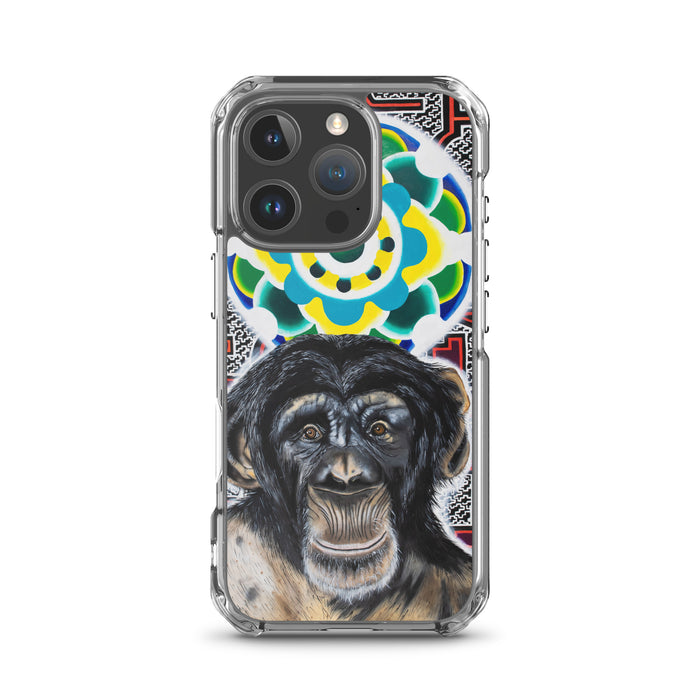 plastic phone case with face of chimp with a psychedelic background