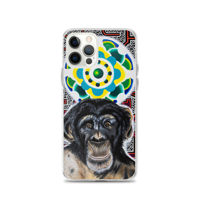 plastic phone case with face of chimp with a psychedelic background