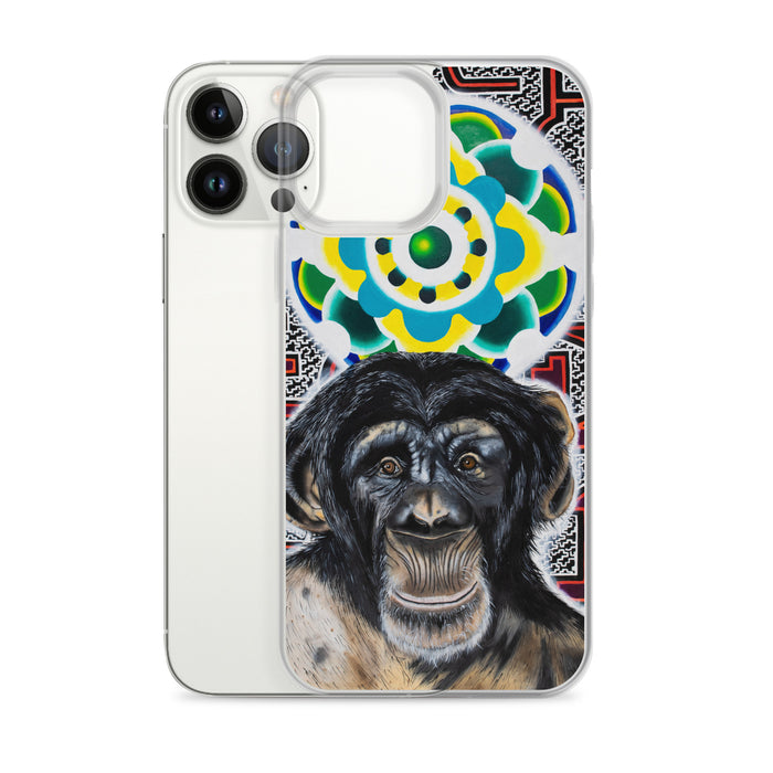 plastic phone case with face of chimp with a psychedelic background