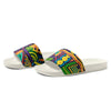 mens slide sandals with a multicolored abstract art design.