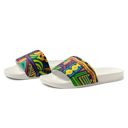 mens slide sandals with a multicolored abstract art design.