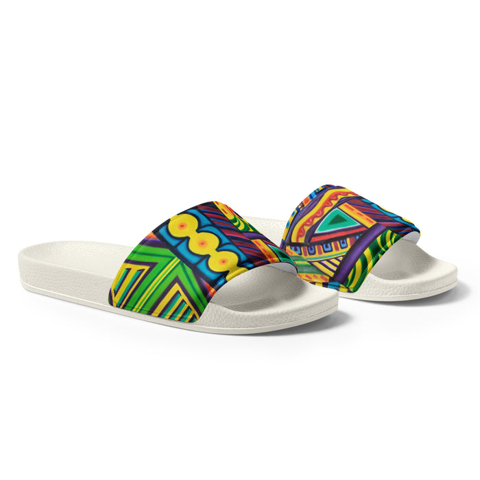 mens slide sandals with a multicolored abstract art design.