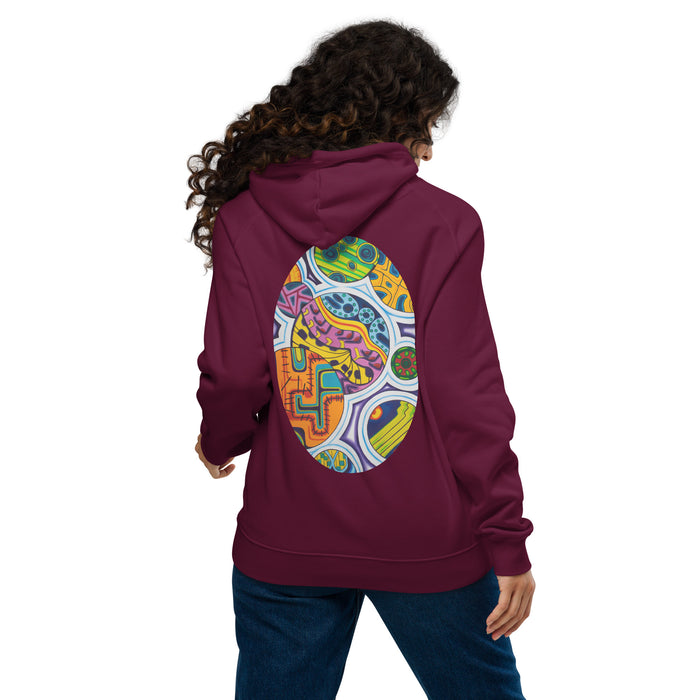 A woman viewed from behind wearing a maroon hoodie with a large, colorful psychedelic egg-shaped graphic printed on the back, paired with blue jeans against a plain white background.