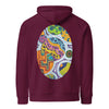 burgundy hoodie with an multicolored oval  on the back featuring abstract circular forms